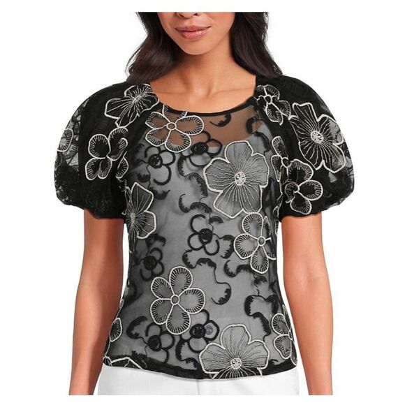 EUC Laundry by Shelli Segal Sheer Embroidered Floral Blouse – Size Medium - Picture 6 of 13